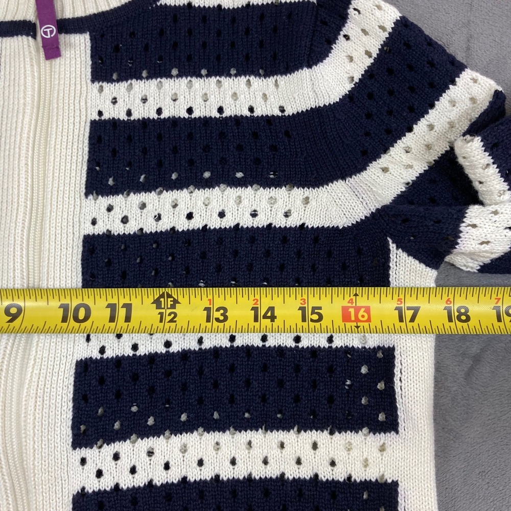 T by Talbots Womens Small Petite Navy White Striped Coolmax Zip Cardigan - Picture 6 of 7